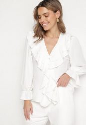 Biała Koszula Ozdobiona Falbankami Niledia. Białe koszule Born2be, uniwersalny, bez wzorów, z jeansu, eleganckie, bez kołnierzyka, bez ramiączek. W wyprzedaży za 55.24 zł.