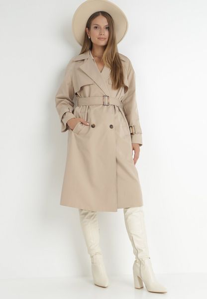 Beżowy Płaszcz Długi Trencz z Paskiem Ozrage. Brązowe płaszcze Born2be, na jesień, l, bez wzorów, eleganckie, bez kaptura. Za 229.99 zł.