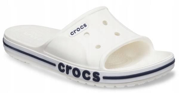 Klapki Dla Dorosłych Crocs Bayaband Slide. Białe klapki Crocs, bez wzorów, z materiału, bez obcasa, bez zapięcia. Za 119.99 zł.