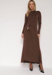 Brązowa Koktajlowa Sukienka Ozdobiona Metaliczną Aplikacją i Marszczeniem z Boku Retima. Brązowe sukienki Born2be, m, z aplikacjami, eleganckie, bez kołnierzyka, bez ramiączek. Za 149.99 zł.