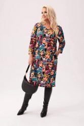 Dresowa sukienka Pop Art w komiksowy print - wyrazista i stylowa PLUS SIZE XXL. Sukienki Moda Size Plus Iwanek, na co dzień, plus size, bez wzorów, z bawełny, eleganckie, bez kołnierzyka, plus size, bez ramiączek, midi, dopasowane. W wyprzedaży za 199.90 zł.