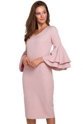Sukienka na wesele elegancka midi z bufiastymi rękawami pudrowy róż. Czerwone sukienki Makover, na wesele, xl, bez wzorów, eleganckie, bez kołnierzyka, bez ramiączek, midi, dopasowane. Za 289.00 zł.