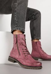 Bordowo-Różowe Botki w Stylu Workerów z Ozdobnym Suwakiem i Wężową Wstawką Vemalora. Czerwone botki Renee, bez wzorów, z jeansu, eleganckie, bez obcasa, na płaskiej podeszwie, bez zapięcia. Za 119.99 zł.