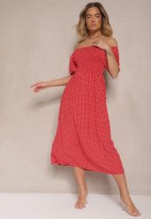 Czerwona Bawełniana Sukienka o Rozkloszowanym Kroju Zdobiona Printem w Groszki Lisanovia. Czerwone sukienki Renee, na co dzień, m, z aplikacjami, z bawełny, eleganckie, bez kołnierzyka, bez ramiączek, midi, proste. W wyprzedaży za 43.99 zł.