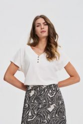 Bluzka z bawełny biała. Białe bluzki MOODO, l, bez wzorów, z bawełny, bez kołnierzyka, bez ramiączek. Za 49.99 zł.
