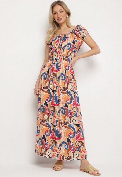 Pomarańczowa Bawełniana Sukienka z Abstrakcyjnym Wzorem i Gumką w Pasie Orralisa. Brązowe sukienki Born2be, na co dzień, l, bez wzorów, z bawełny, eleganckie, bez kołnierzyka, bez ramiączek, midi, proste. Za 59.99 zł.