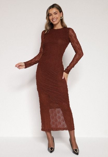 Brązowa Dopasowana Sukienka Koronkowa z Długim Rękawem Zenika. Brązowe sukienki Born2be, na imprezę, l, bez wzorów, z futra, eleganckie, bez kołnierzyka, bez ramiączek, dopasowane. Za 139.99 zł.