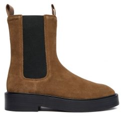 Sztyblety Calvin Klein. Brązowe botki Calvin Klein, bez wzorów, bez obcasa, na płaskiej podeszwie, bez zapięcia. Za 899.99 zł.