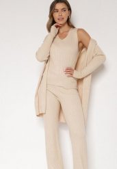 Jasnobeżowy Komplet Dzianinowy z Bawełną Spodnie Kamizelka i Długi Kardigan Meviravia. Brązowe swetry Born2be, bez wzorów, z bawełny, eleganckie, bez ramiączek. Za 139.99 zł.