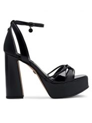 Nine West Sandały Aahida ZL23002CC Czarny. Czarne sandały Nine West, bez wzorów, ze skóry, bez obcasa, na słupku, bez zapięcia. Za 199.99 zł.
