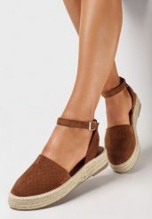 Brązowe Espadryle na Płaskiej Plecionej Podeszwie z Paskiem Wokół Kostki Riolla. Brązowe espadryle Born2be, bez wzorów, boho, bez obcasa, na płaskiej podeszwie. W wyprzedaży za 93.49 zł.