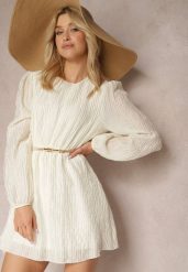 Jasnobeżowa Sukienka z Długim Rękawem o Rozkloszowanym Kroju z Gumką w Talii Kiofina. Brązowe sukienki Renee, na co dzień, m, bez wzorów, eleganckie, bez kołnierzyka, bez ramiączek, mini, proste. W wyprzedaży za 83.99 zł.