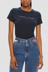 TOMMY JEANS Granatowy damski t-shirt. Niebieskie t-shirty Tommy Jeans, s, bez wzorów, z jeansu, bez kołnierzyka, bez ramiączek. W wyprzedaży za 125.99 zł.