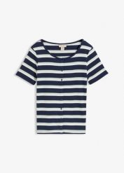 Prążkowany T-shirt z bawełny organicznej. Niebieskie t-shirty bonprix, bez wzorów, z bawełny, bez kołnierzyka, bez ramiączek. Za 34.99 zł.