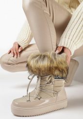 Ciemnobeżowe Śniegowce na Grubej Podeszwie z Futerkiem i Napisem Vallora. Brązowe śniegowce Born2be, bez wzorów, z puchu, bez zapięcia. Za 89.99 zł.