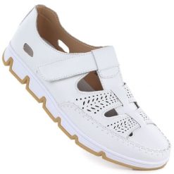 Skórzane półbuty damskie ażurowe na rzep białe T.Sokolski W26-86. Białe półbuty wsuwane T.Sokolski, w ażurowe wzory, ze skóry, bez obcasa. Za 169.99 zł.