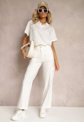 Białe Spodnie o Szerokim Fasonie z Kieszeniami w Stylu Cargo Adileva. Białe jeansy Renee, l, bez wzorów, z jeansu, eleganckie, długie. W wyprzedaży za 35.99 zł.