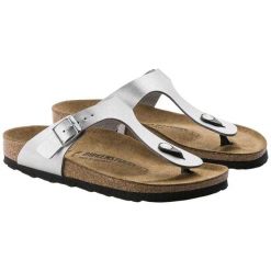Damskie Skórzane Klapki Gizeh. Szare klapki Birkenstock, bez wzorów, z materiału, bez obcasa, na słupku, bez zapięcia. Za 289.00 zł.