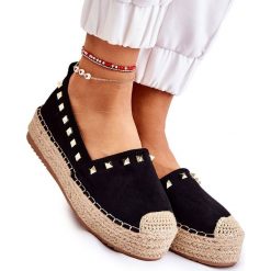 WT1 Damskie Espadryle Z Ćwiekami Czarne Laross. Czarne espadryle WT1, bez wzorów, ze skóry, bez obcasa, na platformie. Za 99.00 zł.
