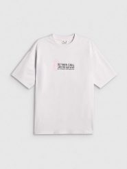 4F T-shirt loose z nadrukiem damski - biały L. Białe t-shirty 4f, l, bez wzorów, z bawełny, klasyczne, bez kołnierzyka, bez ramiączek. Za 79.99 zł.