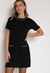 Czarna Trapezowa Sukienka Sweterkowa Ozdobiona Perełkami Eletusa. Czarne sukienki Born2be, na co dzień, l, bez wzorów, z dzianiny, eleganckie, bez kołnierzyka, bez ramiączek, midi, trapezowe. Za 89.99 zł.