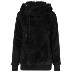 Długa Bluza Z Kapturem Damska Teddy Fleece. Czarne bluzy Urban Classics, bez wzorów, bez ramiączek, z kapturem. Za 170.99 zł.