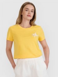 4F T-shirt regular z nadrukiem damski - żółty XL. Żółte t-shirty 4f, xl, z aplikacjami, z bawełny, eleganckie, bez kołnierzyka, bez ramiączek. W wyprzedaży za 39.99 zł.