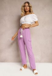 Ciemnofioletowe Spodnie High Waist o Kroju Bojówek z Kieszeniami Wykończone Gumką w Pasie Efiene. Fioletowe jeansy Renee, l, bez wzorów, z jeansu, z podwyższonym stanem. W wyprzedaży za 35.99 zł.