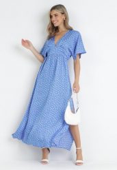 Niebieska Sukienka Maxi w Kropki z Gumką w Pasie i Rozcięciami Crasses. Niebieskie sukienki Born2be, l, bez wzorów, bez kołnierzyka, bez ramiączek, maxi, rozkloszowane. W wyprzedaży za 118.99 zł.