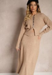 Ciemnobeżowy Komplet z Dzianiny z Wełną Kardigan z Guzikami i Spódnica z Gumką w Talii Melzina. Brązowe swetry Renee, bez wzorów, z dzianiny, eleganckie, bez ramiączek. Za 139.99 zł.