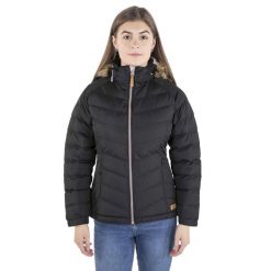 Kurtka Damska Nadina Wodoodporna. Czarne kurtki przeciwdeszczowe Trespass, l, bez wzorów, z materiału, z kapturem, trekkingowe. Za 132.99 zł.