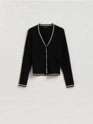 Strukturalny kardigan z wiskozą - czarny. Czarne swetry Reserved, l, bez wzorów, z dzianiny, bez ramiączek. Za 109.99 zł.