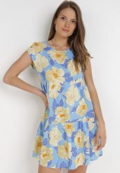 Niebieska Sukienka Taphissis. Niebieskie sukienki Born2be, l, bez wzorów, z tkaniny, bez kołnierzyka, bez ramiączek, mini. Za 119.99 zł.