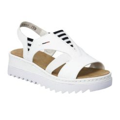 Damskie Sandały Ze Skóry Ekologicznej W Kontrastowe Paski. Białe sandały Rieker, bez wzorów, ze skóry ekologicznej, sportowe, bez obcasa, bez zapięcia. Za 485.99 zł.