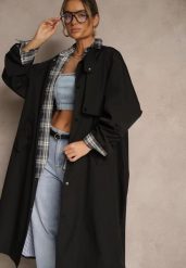Czarny Płaszcz w Stylu Trencza Vintage z Asymetryczną Zakładką i Paskiem Davivellea. Czarne płaszcze Renee, m, bez wzorów, z jeansu, eleganckie, bez kaptura. W wyprzedaży za 159.99 zł.