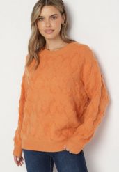 Pomarańczowy Sweter o Luźnym Kroju i Wzorzystym Splocie ze Ściągaczami Elondrae. Brązowe swetry Born2be, uniwersalny, bez wzorów, z bawełny, eleganckie, bez ramiączek. W wyprzedaży za 135.99 zł.
