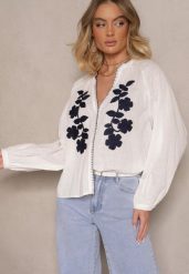 Biała Koszula z Bawełny o Kroju Oversize Ozdobiona Haftem w Kwiaty Felvesia. Białe koszule Renee, l, bez wzorów, z bawełny, eleganckie, bez kołnierzyka, bez ramiączek. W wyprzedaży za 91.99 zł.