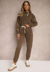 Brązowe Dresowe Spodnie z Bawełną High Waist Wykończone w Pasie Gumką Ekadela. Brązowe jeansy Renee, bez wzorów, z bawełny. W wyprzedaży za 47.99 zł.