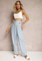 Niebieskie Spodnie Typu High Waist Ozdobione Cyrkoniami Sajara. Niebieskie jeansy Renee, na lato, s, bez wzorów, z jeansu, z podwyższonym stanem. W wyprzedaży za 55.99 zł.