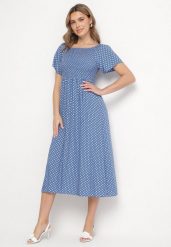 Niebieska Sukienka z Bawełny o Rozkloszowanym Kroju w Kropeczki Lisadrisa. Niebieskie sukienki Born2be, na co dzień, m, bez wzorów, z bawełny, eleganckie, bez kołnierzyka, bez ramiączek, midi, rozkloszowane. Za 79.99 zł.
