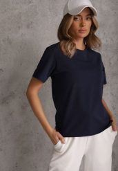 Granatowy Bawełniany T-shirt Ozdobiony po Bokach Rozcięciami Brinelle. Niebieskie t-shirty Renee, m, bez wzorów, z bawełny, eleganckie, bez kołnierzyka, bez ramiączek. Za 39.99 zł.