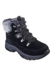 Trapery damskie, Trego - Snow Worries. Czarne traperki Skechers, bez wzorów, z materiału, sportowe, przed kolano, bez obcasa, bez zapięcia. Za 349.99 zł.