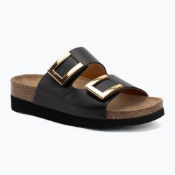 Klapki damskie Scholl Montery 2 Straps Ad Med. Czarne klapki Scholl, bez wzorów, z materiału, eleganckie, bez obcasa, bez zapięcia. Za 349.99 zł.