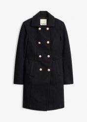 Krótki płaszcz z materiału w optyce wełny. Czarne płaszcze bonprix, bez wzorów, z wełny, eleganckie, bez kaptura. Za 349.99 zł.