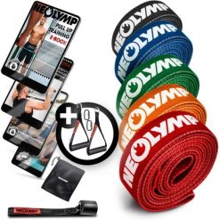Taśmy fitness z tkaniny – 5 oporów, z torbą, uchwytami i zaczepem drzwiowym. Torby sportowe NEOLYMP, bez wzorów, ze skóry. Za 356.99 zł.