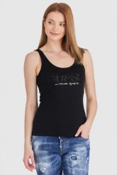 GUESS Czarny top damski z logo z koralików. Czarne topy Guess, s, z aplikacjami, z bawełny, bez kołnierzyka, bez ramiączek. W wyprzedaży za 129.99 zł.