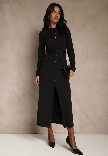 Czarna Koszulowa Sukienka z Wiskozą Ozdobiona Paskiem i Guzikami Vetionna. Czarne sukienki Renee, na co dzień, l, bez wzorów, z wiskozy, eleganckie, bez kołnierzyka, bez ramiączek, maxi, koszulowe. Za 159.99 zł.