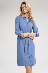 Koszulowa sukienka szmizjerka z podpinanym rękawem 3/4 niebieska. Niebieskie sukienki Sukienki.shop, do pracy, m, bez wzorów, biznesowe, bez kołnierzyka, bez ramiączek, koszulowe. Za 199.00 zł.