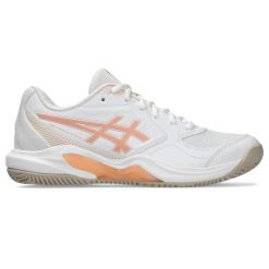 Buty do tenisa damskie, Gel-Dedicate 9 Clay. Białe buty treningowe ASICS, bez wzorów, z materiału, przed kostkę, bez zapięcia, tenisowe. Za 289.99 zł.