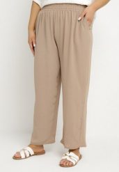 Ciemnobeżowe Szerokie Spodnie z Bawełną i Wysokim Stanem Naitte. Brązowe jeansy Born2be, xl, bez wzorów, z bawełny, eleganckie, z podwyższonym stanem. Za 69.99 zł.